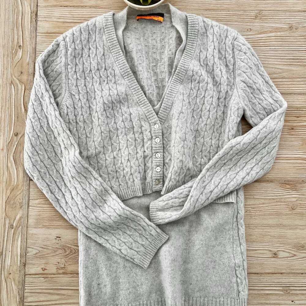 Davide Cenci Italian 100% Cashmere Faux Twinset Cable Knit Cardigan Gray Small